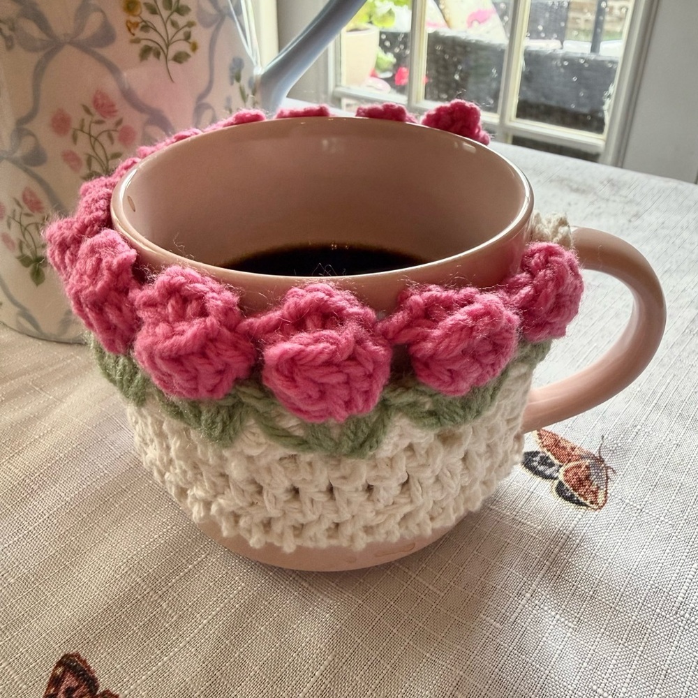 Handmade Crochet Pink Rose Mug Cozy - Floral Cup Sleeve / Warmer